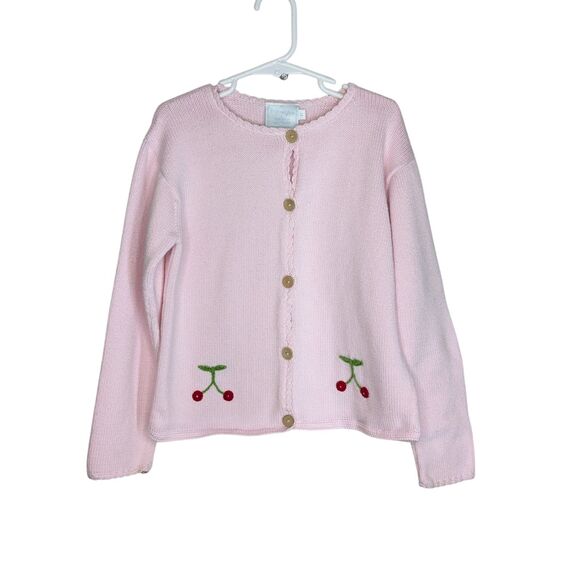 Little English 100% Cotton Knit Cardigan Sz 6T Pink Embroidered Cherries Quality - Picture 1 of 8